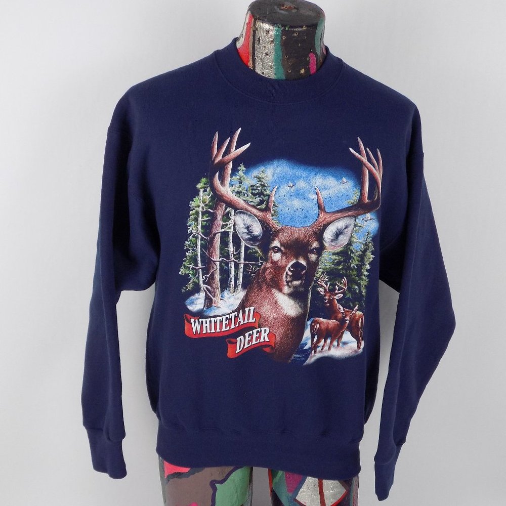 Vintage Blue WHITETAIL DEER Sweatshirt Large - Picture 5 of 8